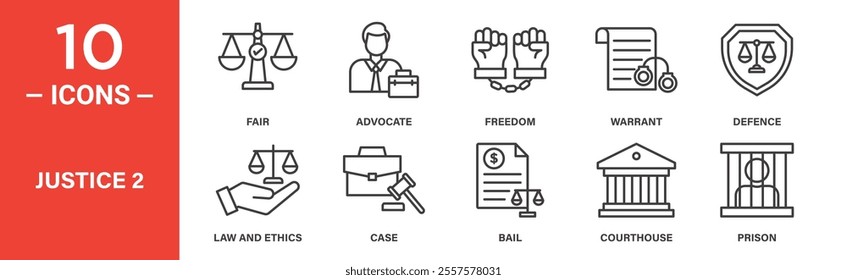 A set of 10 icons symbolizing legal and justice concepts, including fairness, advocacy, freedom, warrants, bail, courts, and imprisonment.