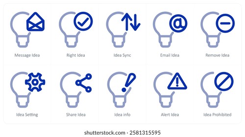 A set of 10 idea icons as message idea, right idea, idea sync