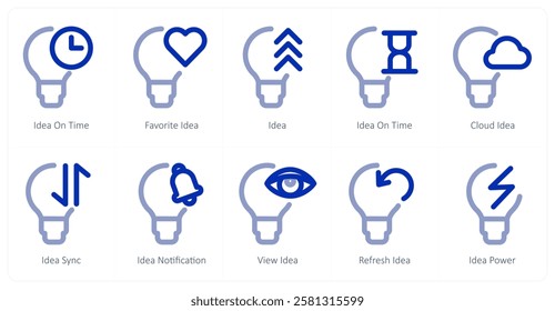 A set of 10 idea icons as idea on time, favorite idea, idea