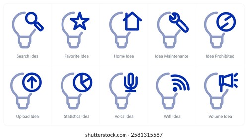 A set of 10 idea icons as search idea, favorite idea, home idea