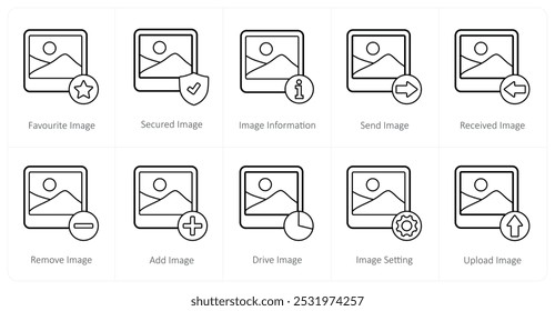 A set of 10 image icons as favorite image, secured image, image information