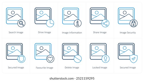 A set of 10 image icons as search image, drive image, image information