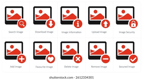 A set of 10 image icons as search image, drive image, image information