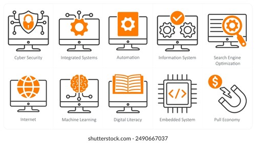 Ein Set von 10 Industrie und Gewerbe-Icons wie Cyber-Sicherheit, integrierte Systeme, Automatisierung