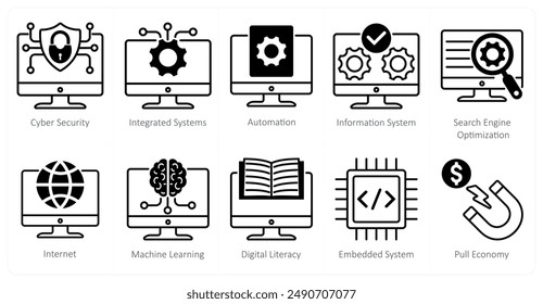 Ein Set von 10 Industrie und Gewerbe-Icons wie Cyber-Sicherheit, integrierte Systeme, Automatisierung