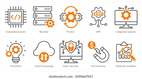 A Set of 10 Industrial icons as embedded system, big data, process