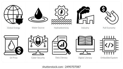 Ein Set von 10 Industrie und Gewerbe-Ikonen als globale Energie, Wasserquelle, Wasserkraft