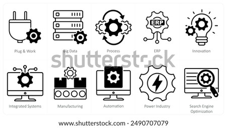 A Set of 10 Industrial icons as plug and work, big data, process