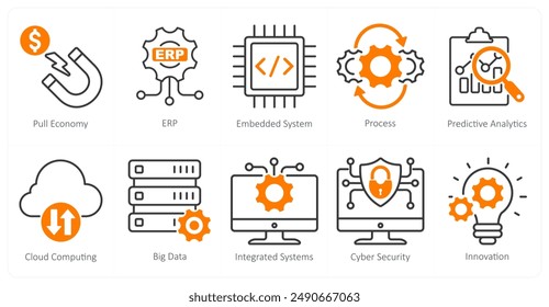 A Set of 10 Industrial icons as pull economy, erp, embedded system