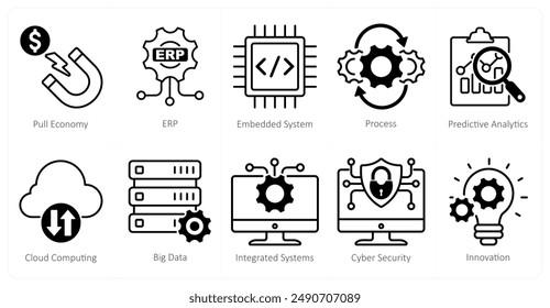 A Set of 10 Industrial icons as pull economy, erp, embedded system