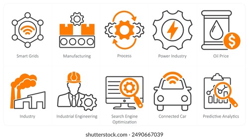 A Set of 10 Industrial icons as smart grids, manufacturing, process