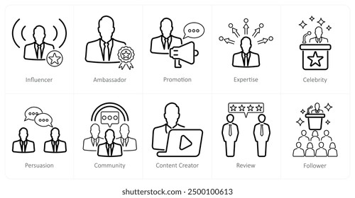 A set of 10 influencer icons as influencer, ambassador, promotion