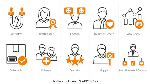 A set of 10 influencer icons as attractive, favorite user, emotion