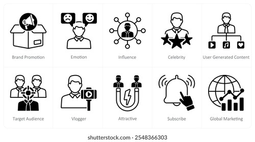 A set of 10 influencer icons as brand promotion, emotion, influence