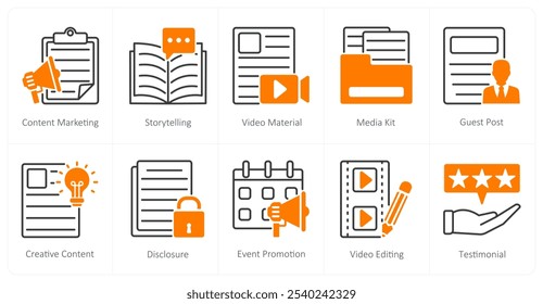 A set of 10 influencer icons as content marketing, story telling, video material