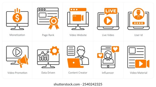 A set of 10 influencer icons as monetization, page rank, video website