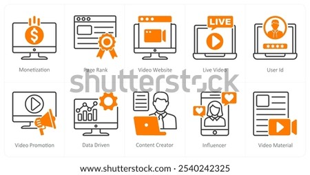 A set of 10 influencer icons as monetization, page rank, video website