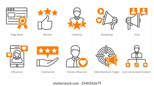 A set of 10 influencer icons as page rank, review, celebrity, marketing