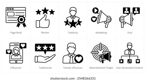 A set of 10 influencer icons as page rank, review, celebrity, marketing