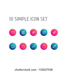 Set Of 10 Instruments Outline Icons Set.Collection Of Calculator, Scissors, Binder Clip And Other Elements.