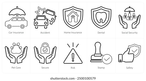 Ein Satz von 10 Versicherungs-Symbole als Kfz-Versicherung, Unfall, Hausversicherung