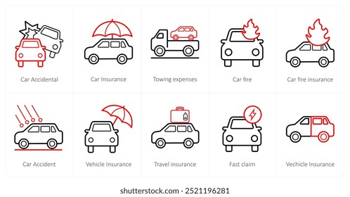 Eine Reihe von 10 Versicherungs-Symbole als Auto-Unfallversicherung, Kfz-Versicherung, Schleppversicherung