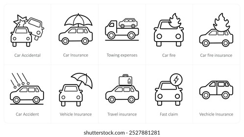 Eine Reihe von 10 Versicherungs-Symbole als Auto-Unfallversicherung, Kfz-Versicherung, Schleppversicherung