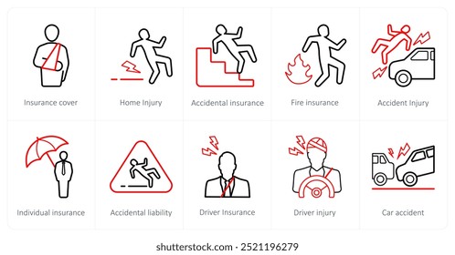 A set of 10 Insurance icons as insurance cover, home injury, accidental insurance