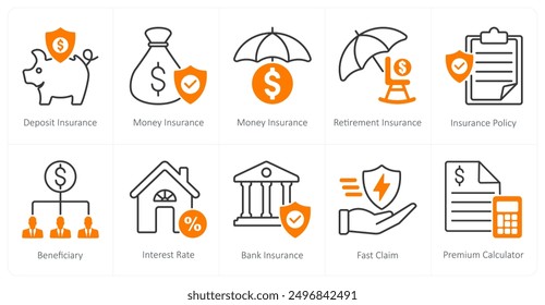 A set of 10 Insurance icons as deposit insurance, money insurance, retirement insurance