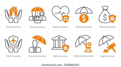 A set of 10 Insurance icons as home insurance, family insurance, health insurance