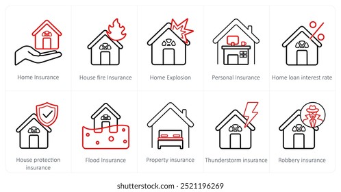 Un conjunto de 10 iconos de seguros como seguro de hogar, seguro de incendio de casa, explosión de casa