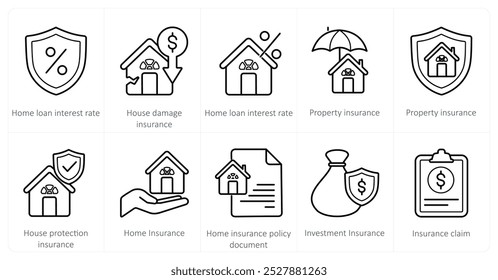 Un conjunto de 10 iconos de seguros como tasa de interés de préstamo de vivienda, seguro de daños a la casa, seguro de propiedad