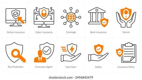 A set of 10 Insurance icons as online insurance, cyber insurance, coverage