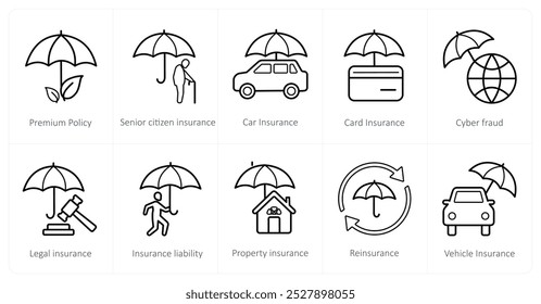A set of 10 Insurance icons as premium policy, senior citizen insurance, car insurance