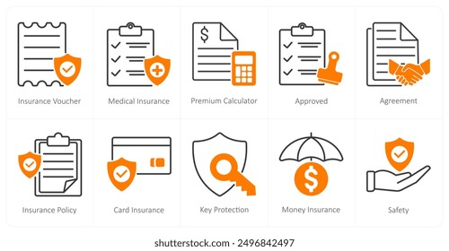 A set of 10 Insurance icons as insurance voucher, medical insurance, premium calculator