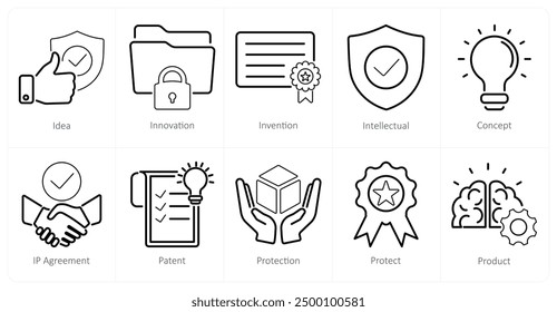 A set of 10 intellectual property icons as idea, innovation, invention