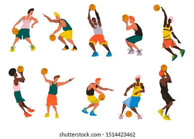 Set of 10 international basketball players in different action poses or moves. Vector illustration basketball bundle.