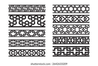 Set of 10 intertwined border patterns with geometric lines. Ideal for modern frame decoration, tattoo-inspired design, or stylish visual accents in creative layouts.