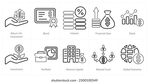 A set of 10 investment icons as return on investment, bond, interest