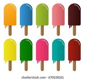 Set of 10 isolated melting ice cream with different colors - variation of flavors