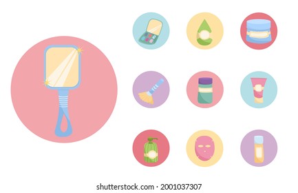 Set of 10 items on the topic of makeup, personal care, self-care. Vector illustration in cartoon flat style, hand-drawn drawing. Icons in colored circles.