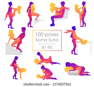 Set 10 Kama Sutra positions. Man and woman on white background sex poses illustration. 81-90/100 poses