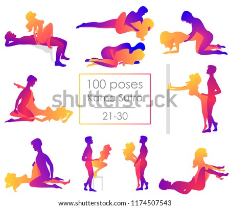 Set 10 Kama Sutra positions. Man and woman on white background sex poses illustration. 21-30/100 poses