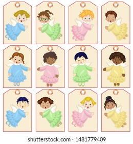 Set of 10 labels with a hole for a ribbon with little angels to hang on fir or Christmas presents