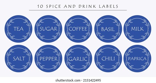 A set of 10 labels for spice and drink. Food stickers for marking jars and containers. Organization of pantry space.