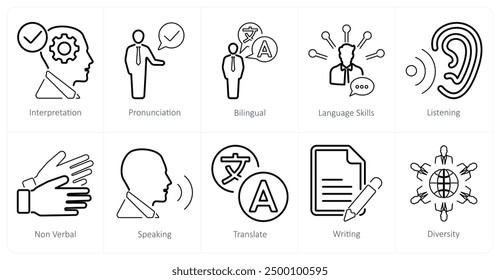 A set of 10 language icons as interpretation, pronounciation, bilingual