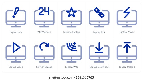 A set of 10 laptop icons as laptop info, 24x7 service, favorite laptop