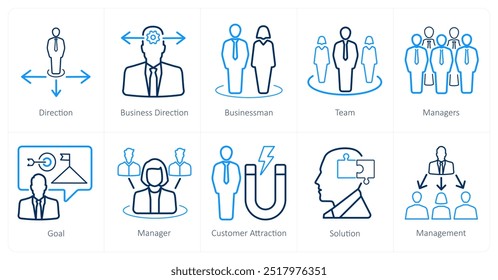 A set of 10 Leadership icons as direction, business direction, businessman