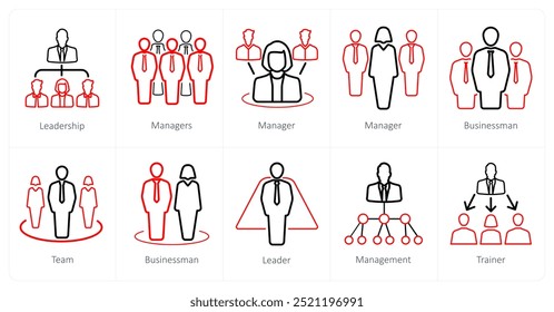 A set of 10 Leadership icons as leadership, managers, businessman