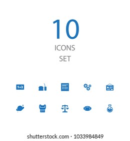 Set of 10 learning icons set. Collection of chemistry, galaxy, eat and other elements.